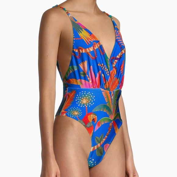 FARM Rio One Piece Swimsuit NWT Macaw Party in Party Blue Tropical Print Large - Picture 2 of 16